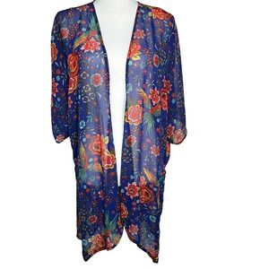 SWEET RAIN Women's XL Floral Kimono Cardigan Duster Lightweight Blue Red Flowers